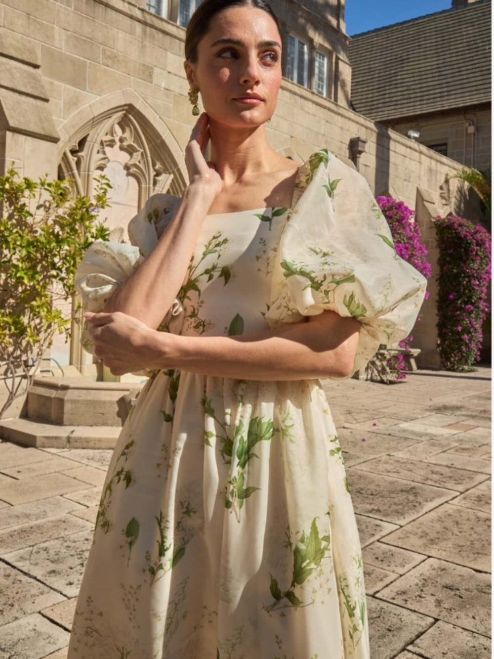 NWT Mestiza Dress Delphine Organza Midi in Ivory White Green Floral